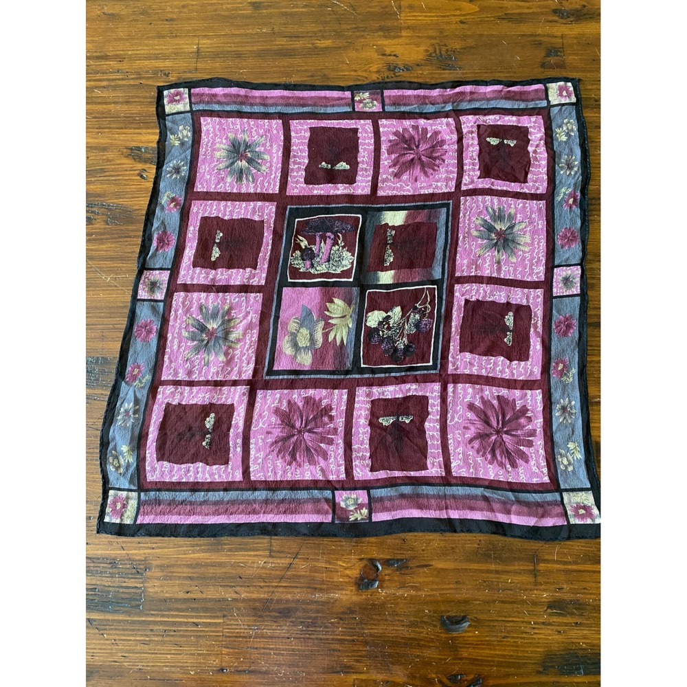 Vintage Floral Patchwork Square Scarf Burgundy Pink Botanical Print silk? - Picture 8 of 8